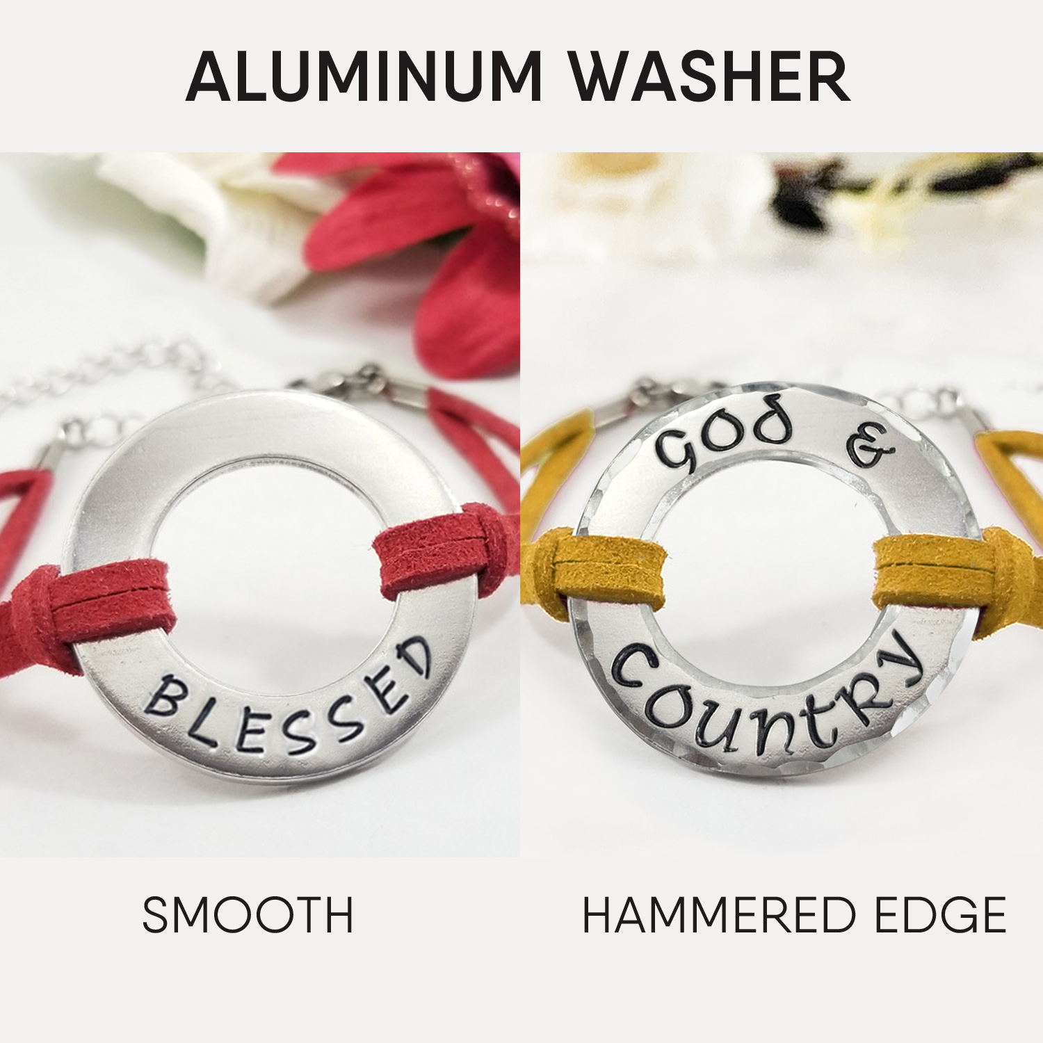 Two Men Women Personalized Washer Bracelets are shown: one with a smooth edge and "BLESSED" engraved, tied with red cord; the other with a hammered edge and "GOD & COUNTRY," tied with yellow—ideal for custom gifts. Read more at Stamping Cat Studio (stampingcatstudio.com).