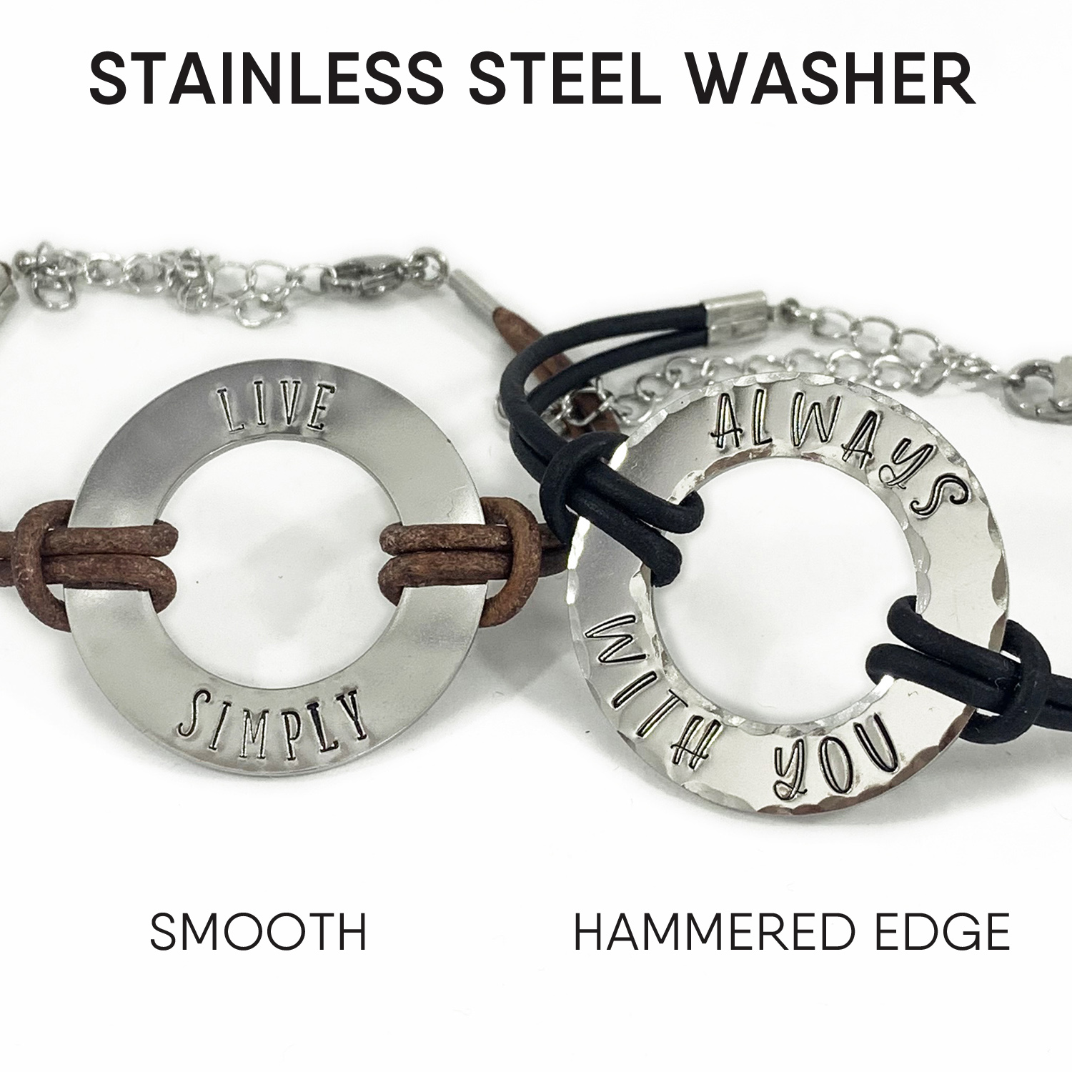 Two Men Women Personalized Washer Bracelets are displayed side by side—one smooth with "LOVE SIMPLY," the other hammered with "ALWAYS WITH YOU." Each stainless steel washer pendant features unique engraving and labeled style. Read more at Stamping Cat Studio (stampingcatstudio.com).