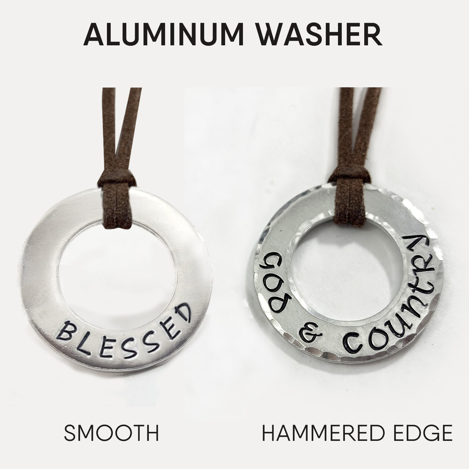 Two aluminum washer pendants on brown cords: the left is smooth and stamped "BLESSED," while the right has a hammered edge with "GOD & COUNTRY." Both make a unique Personalized Mens Womens Washer Necklace. Read more at Stamping Cat Studio (stampingcatstudio.com).