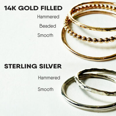 A photo of the Stacking Boho And Midi Ring set: three 14k gold-filled (hammered, beaded, smooth) and two sterling silver rings. Each delicate style is stacked and labeled with black text on a white background. Read more at Stamping Cat Studio (stampingcatstudio.com).