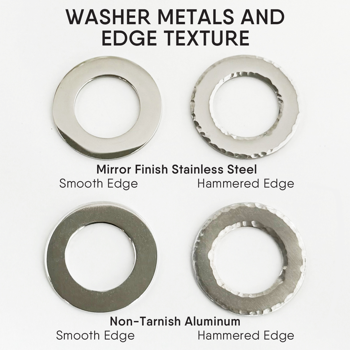 The Washer metals textures set includes four washers: mirror finish stainless steel (top row) and non-tarnish aluminum (bottom row), with smooth or hammered edges and clear labels, ideal for a Heart Shine Pet Lovers Necklace. Read more at Stamping Cat Studio (stampingcatstudio.com).
