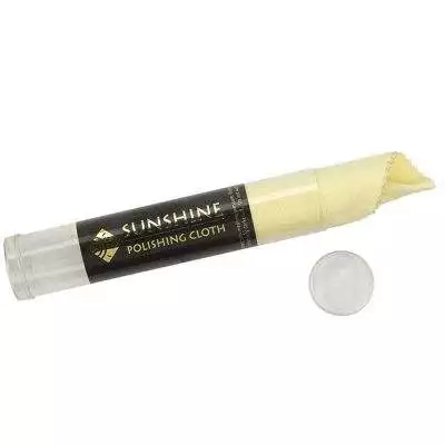 A yellow Sunshine Jewelry Polishing Cloth, partially pulled from its clear plastic tube with the round cap nearby, rests on a white background. Read more at Stamping Cat Studio (stampingcatstudio.com).