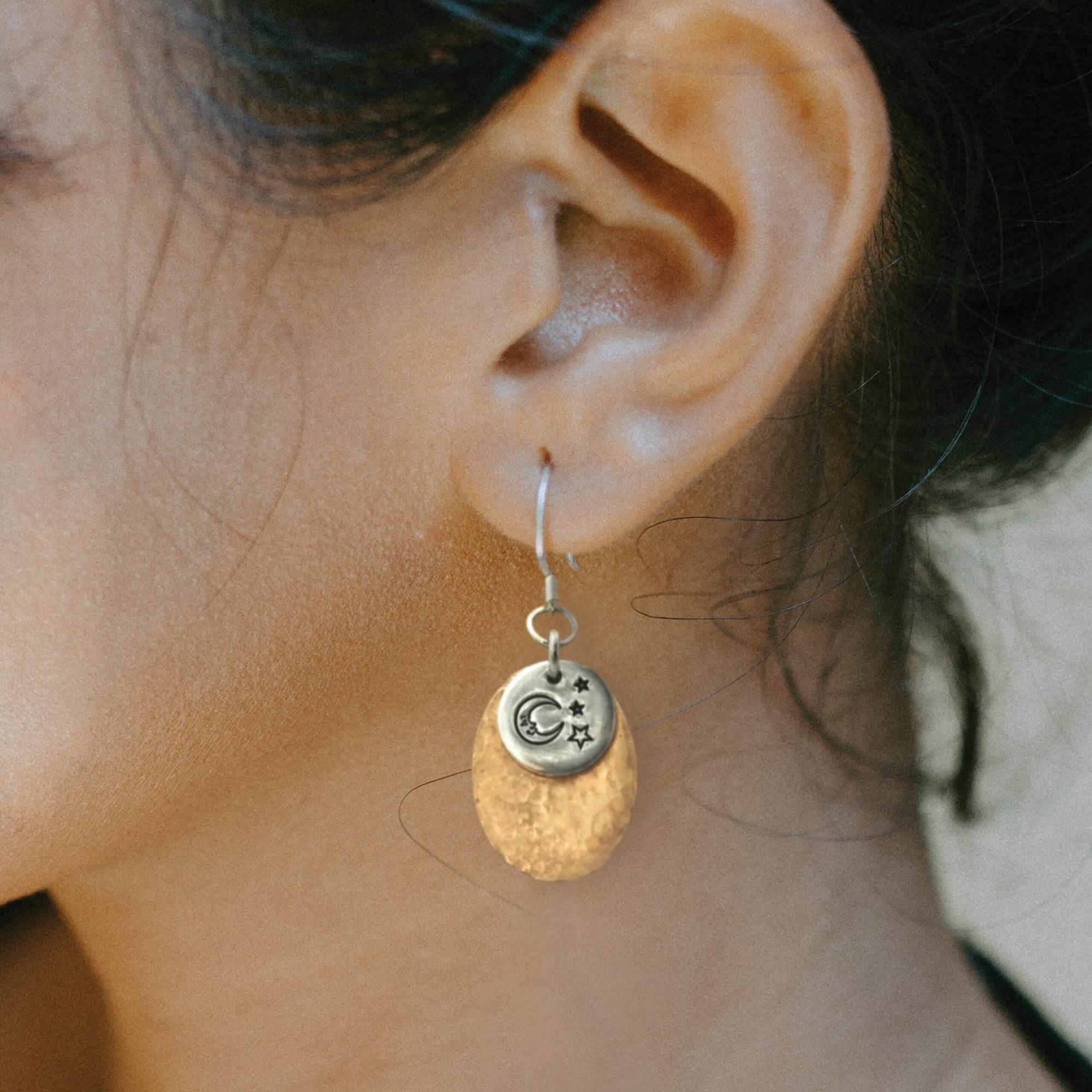 Boho Copper Oval Moon Stars Earrings