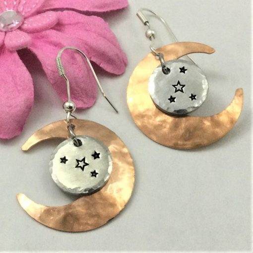 Copper Moon Silver Circle Star Earrings