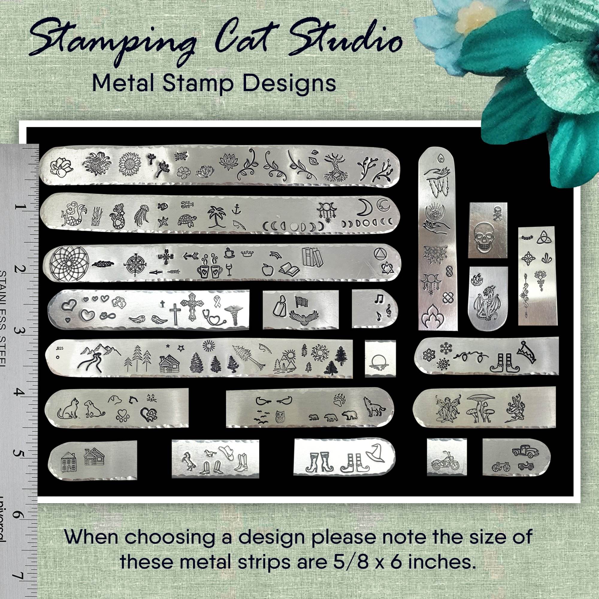 A display of 23 engraved metal strips with nature, animal, and symbol designs on a black background. “Stamping Cat Studio Metal Stamp Designs” text, ruler, and blue flowers frame the image—ideal for the Charming Boho Ankle Bracelet. Read more at Stamping Cat Studio (stampingcatstudio.com).
