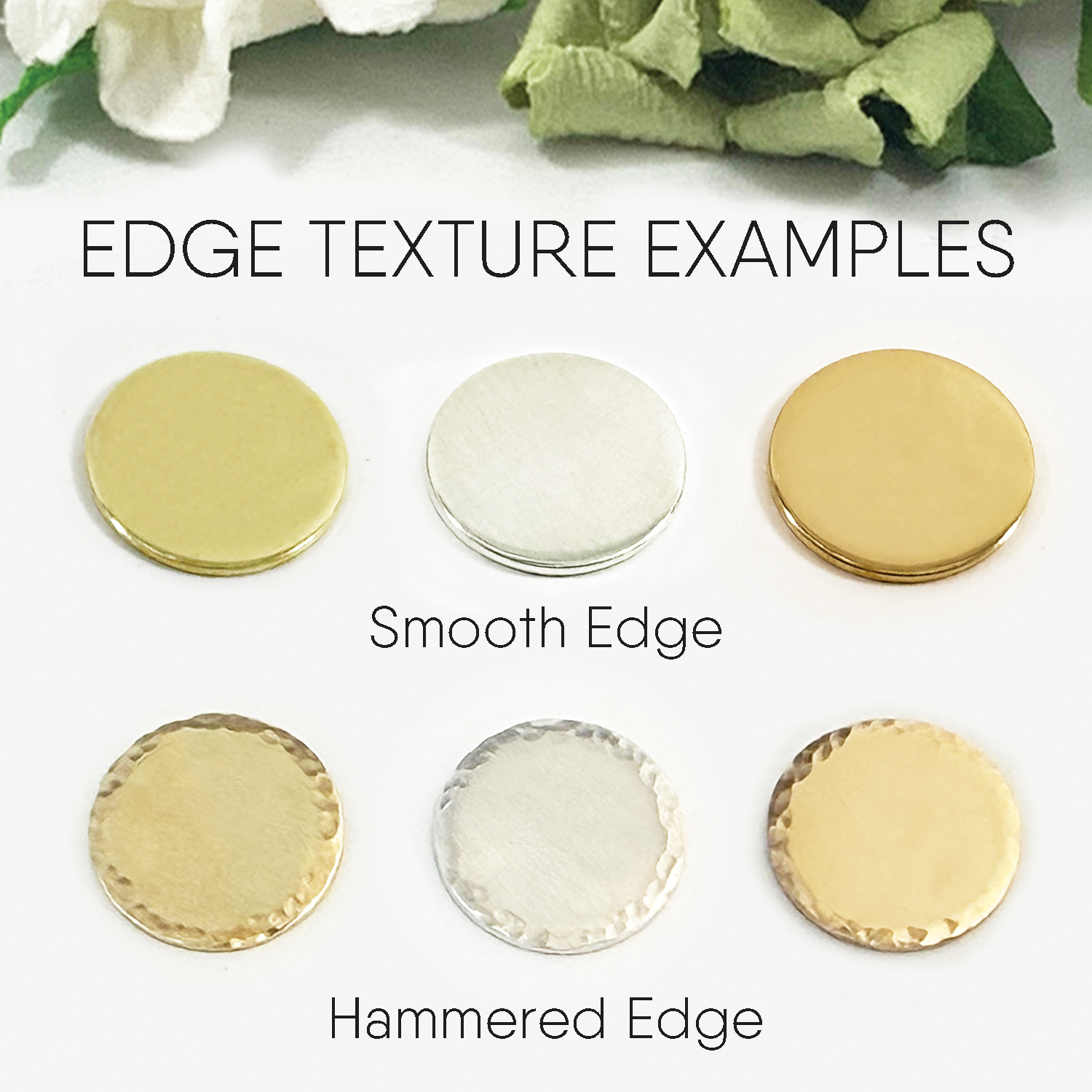 Six round metal discs in gold and silver tones display the Edge hamm smth product—smooth-edged on top, hammered edges below—ideal for custom jewelry like Mother Daughter Heart Necklace Sets. A green and white fabric background is shown. Read more at Stamping Cat Studio (stampingcatstudio.com).