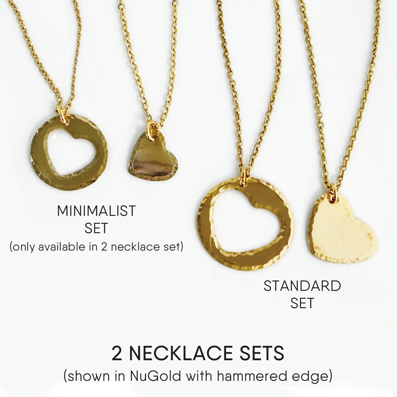 The Mother Daughter Minimalist Set features four gold necklaces with hammered-edge pendants—two minimalist, two standard—all with heart details, symbolizing love and connection across generations. Read more at Stamping Cat Studio (stampingcatstudio.com).