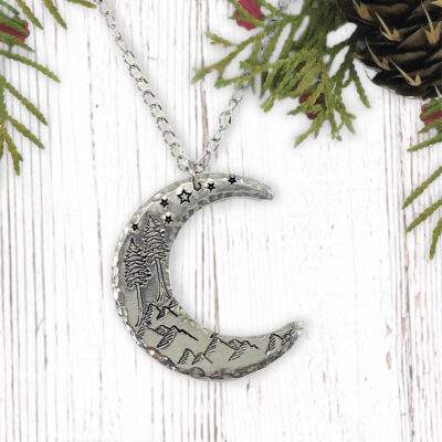 Crescent Moon Dreamy Mountain Scene Necklace