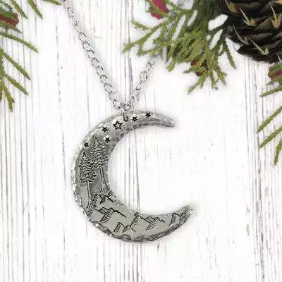 Crescent Moon Dreamy Mountain Scene Necklace