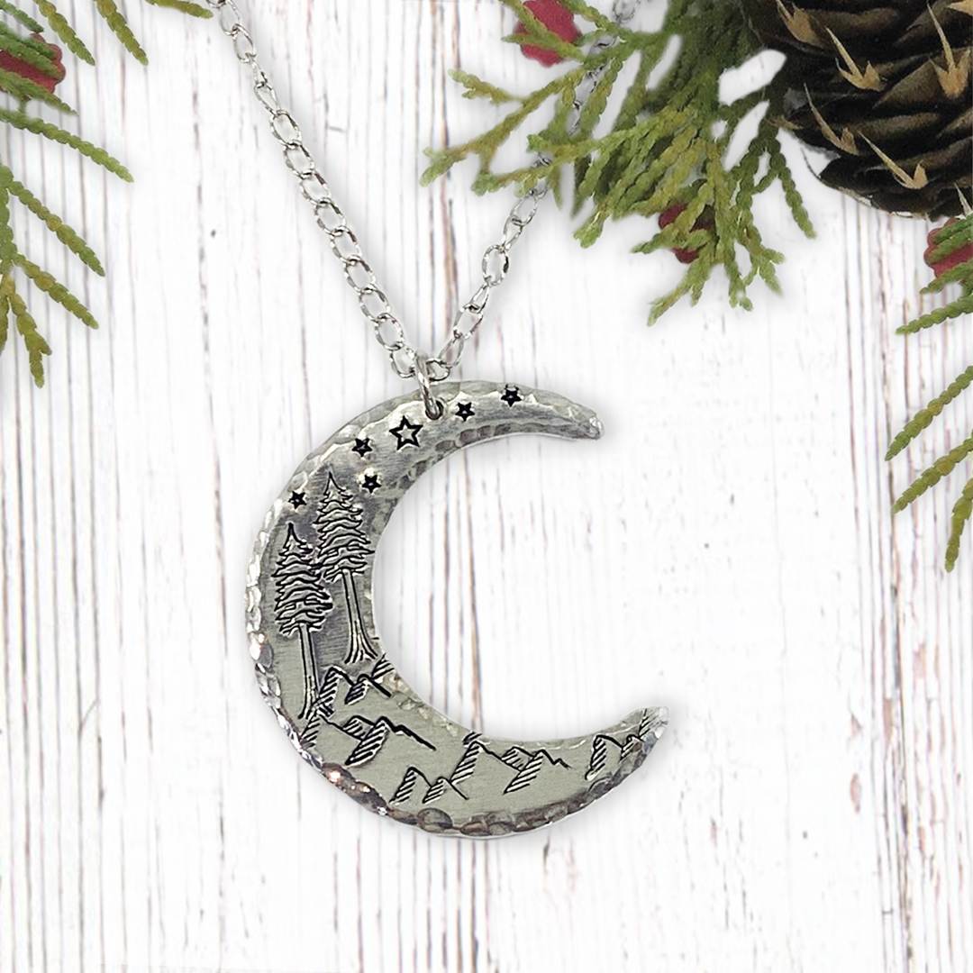 Crescent Moon Dreamy Mountain Scene Necklace