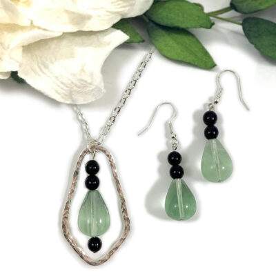 Natural Green Fluorite, Onyx, Sterling Silver Necklace and Earrings