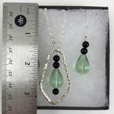 Natural Green Fluorite, Onyx, Sterling Silver Necklace and Earrings