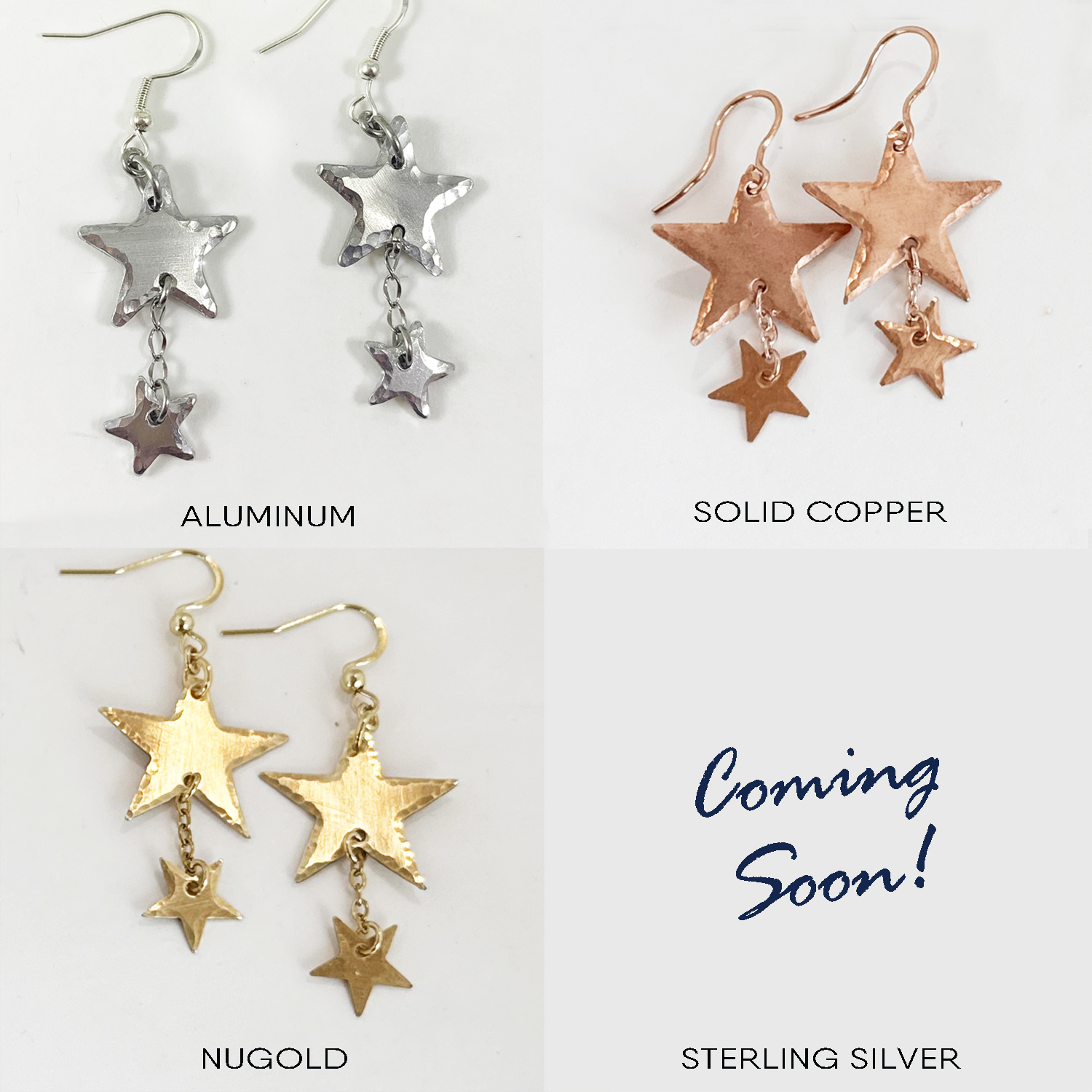 Four images of Shining Star dangle metals are shown. Top left: aluminum. Top right: solid copper. Bottom left: nugold. Bottom right: “Coming Soon!” for sterling silver, with no earrings shown. Each pair links two stars by a chain. Read more at Stamping Cat Studio (stampingcatstudio.com).