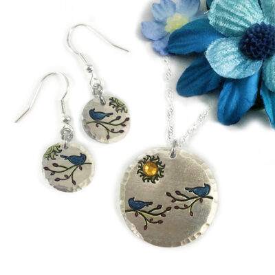 Colorful Bird On Branch Necklace and Earring Set