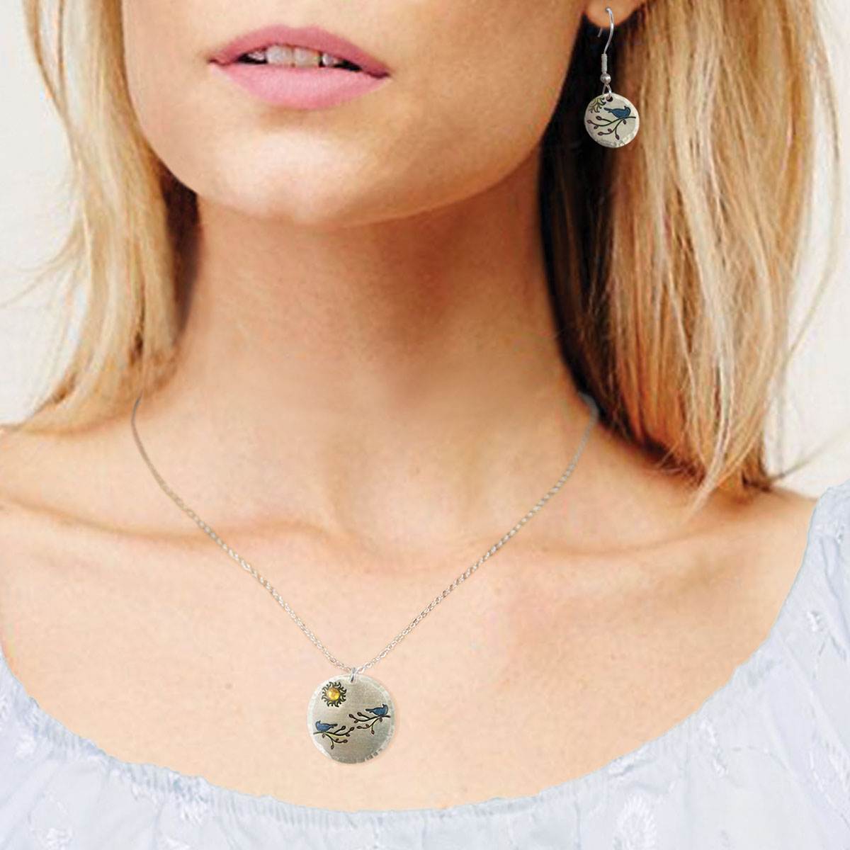 Colorful Bird On Branch Necklace and Earring Set