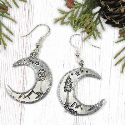 Crescent Moon Dreamy Mountain Scene Earrings