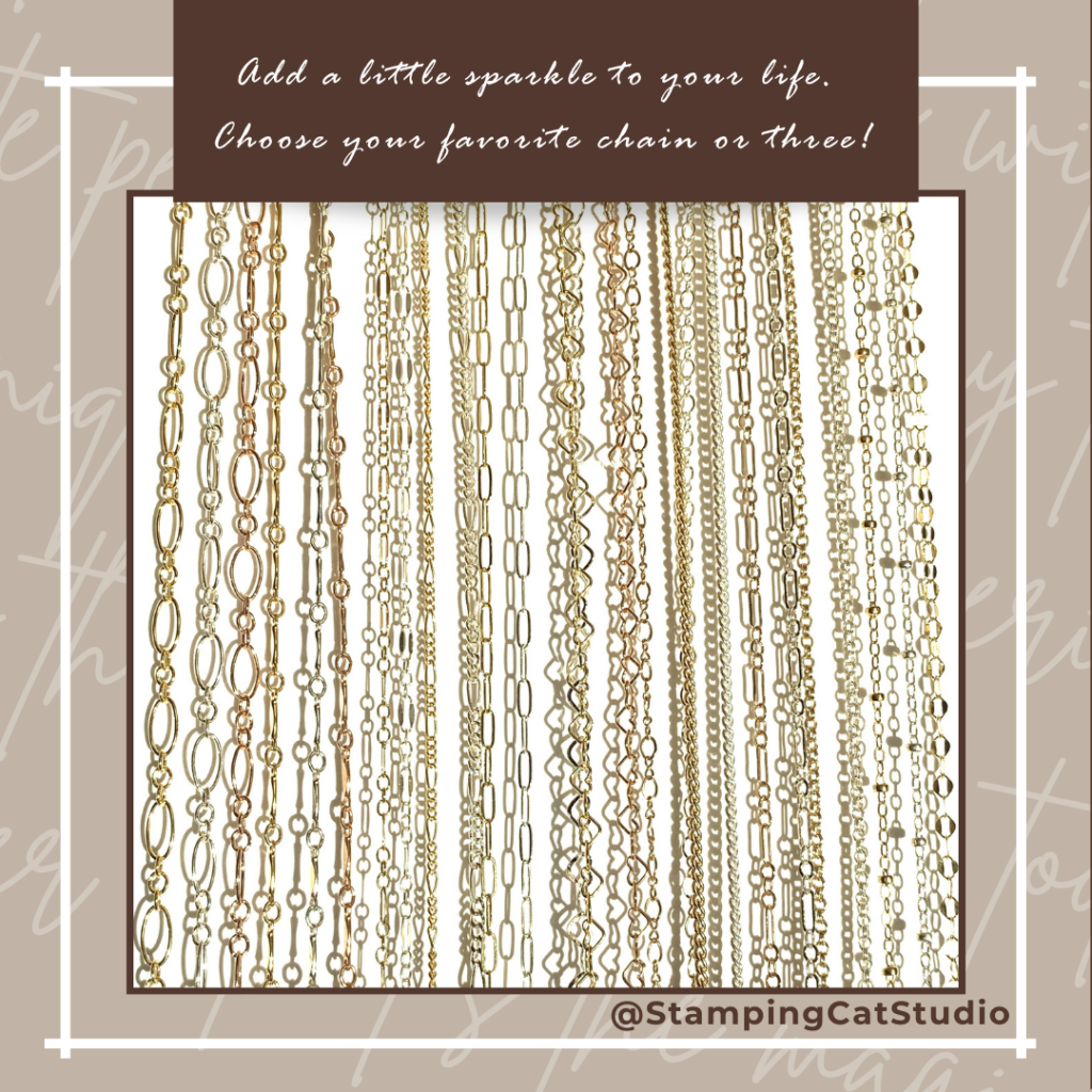 A display of various gold and silver chains with different link styles and sizes, hanging vertically. A brown banner reads, “Add a little sparkle to your life. Choose your favorite chain or three!” Book a permanent jewelry appointment today!. Read more at Stamping Cat Studio (stampingcatstudio.com).