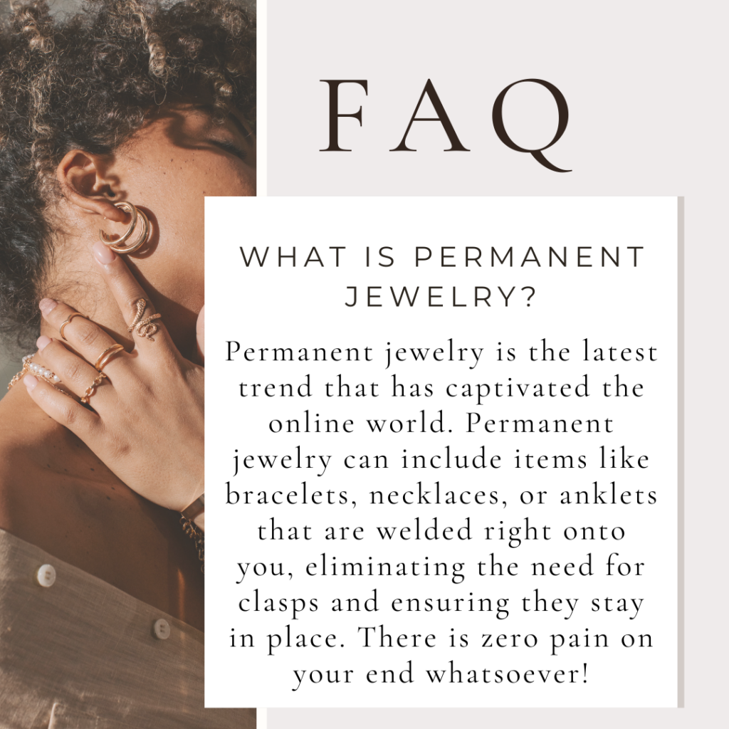 A person with curly hair and multiple rings touches their neck, showcasing layered necklaces and earrings. A text box reads: "FAQ: What is permanent jewelry? There is zero pain on your end whatsoever! Book a permanent jewelry appointment today!. Read more at Stamping Cat Studio (stampingcatstudio.com).