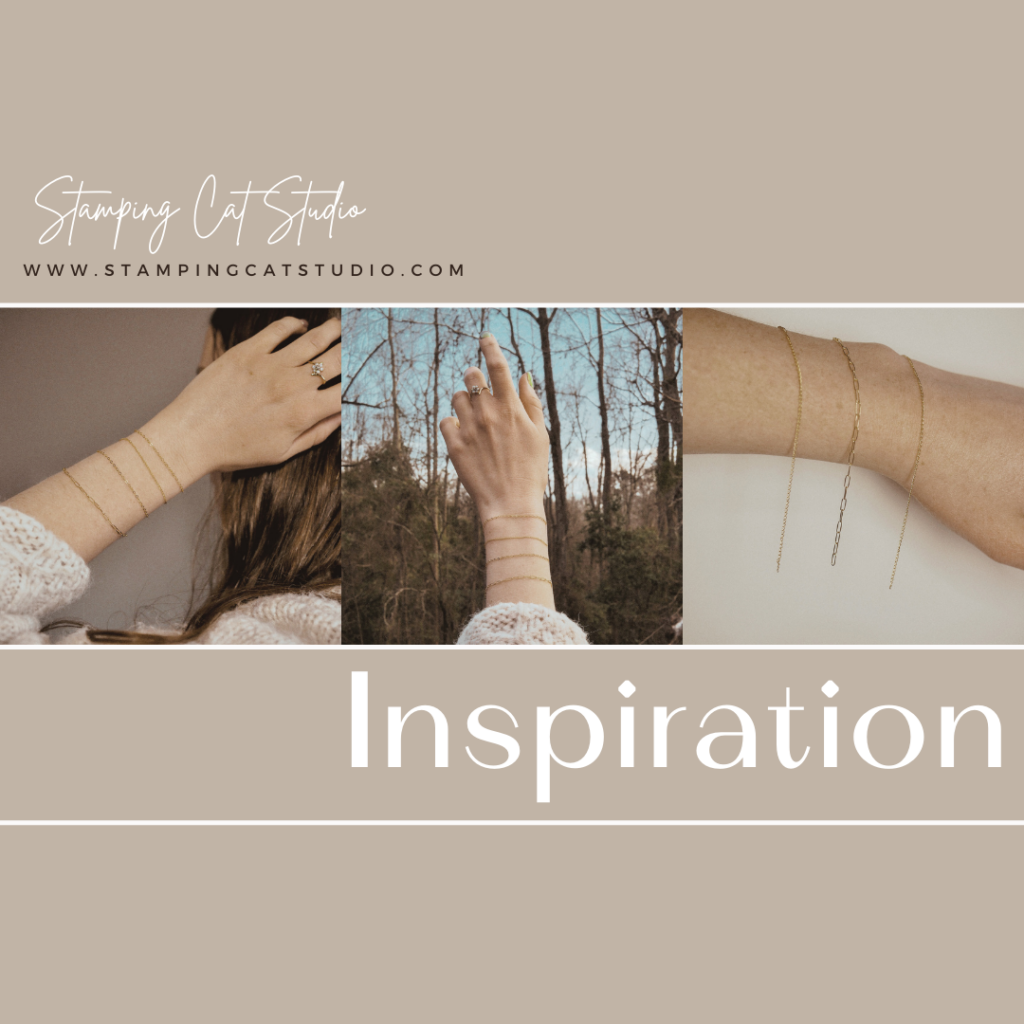 A collage showcases minimalist gold bracelets and rings on a woman's hand and wrist, set against beige and outdoor backgrounds. "Stamping Cat Studio" appears above the website link, with "Inspiration" in bold—book a permanent jewelry appointment today!. Read more at Stamping Cat Studio (stampingcatstudio.com).