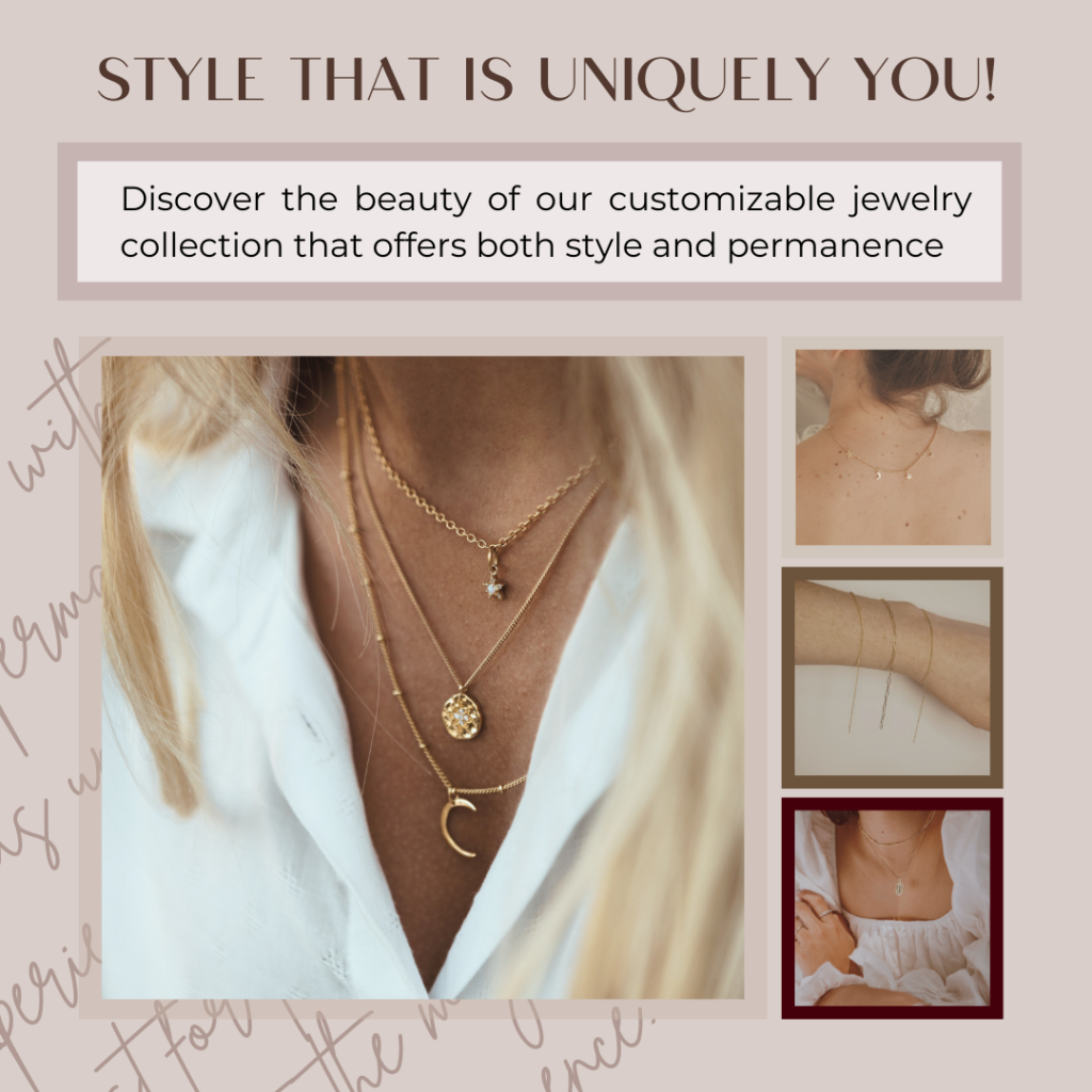 A collage features a woman in a white shirt layering gold necklaces, with close-ups of star necklaces and bracelets, promoting customizable jewelry. Book a permanent jewelry appointment today for "Style that is uniquely you!. Read more at Stamping Cat Studio (stampingcatstudio.com).