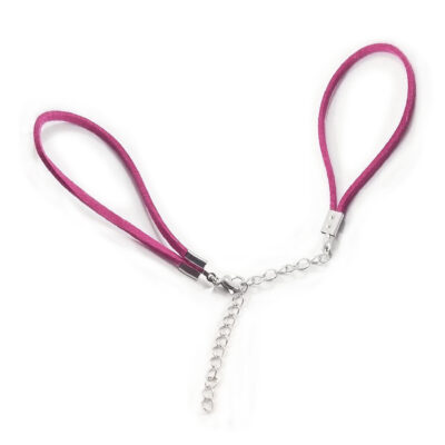 The Washer Band Only Am is a pink faux suede bracelet with two loops linked by a short silver chain and lobster clasp, each loop capped with silver metal. The adjustable bracelet is shown on a white background. Read more at Stamping Cat Studio (stampingcatstudio.com).