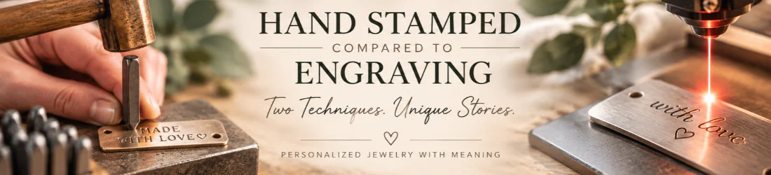 On the left, a hand stamping press imprints “MADE WITH LOVE” onto a metal tag, while on the right, laser engraving etches “with love” onto a sleek metal plate. These are two timeless techniques for crafting jewelry with unique meaning. Text overlay: “Hand Stamped Compared to Engraving. Two Techniques. Unique Stories. Personalized jewelry with meaning.” Greenery and jewelry-making tools in the background highlight the artistry behind personalized jewelry creation. Read more at Stamping Cat Studio (stampingcatstudio.com).