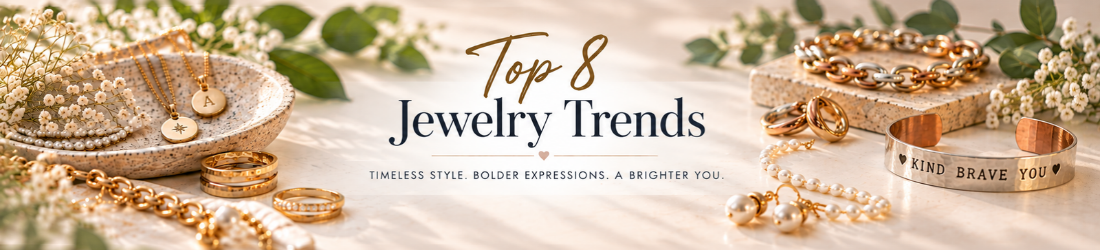 A collection of popular jewelry trends featuring personalized necklaces, minimalist jewelry, chunky chains, pearls, rings and statement pieces from Stamping Cat Studio. Read more at Stamping Cat Studio (stampingcatstudio.com).