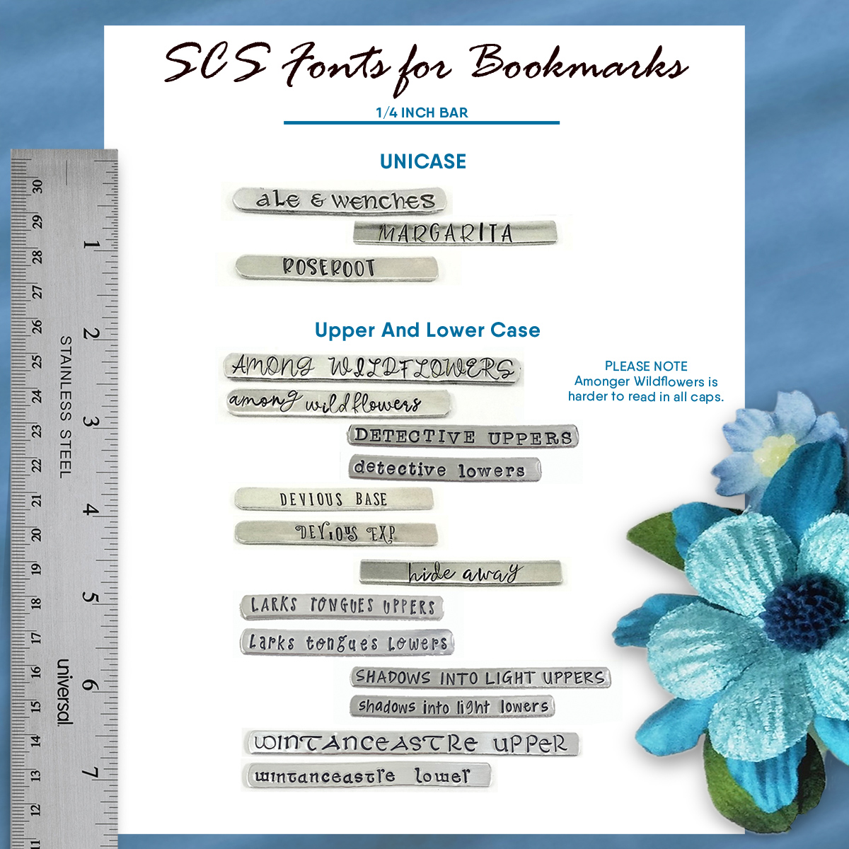 A chart titled "SCS Fonts for Bookmarks" showcases the Faith Inspiration Tassel Bookmark with engraved font samples, grouped as UNICASE and Upper And Lower Case. A ruler at left shows scale, with blue flowers in the bottom right corner. Read more at Stamping Cat Studio (stampingcatstudio.com).