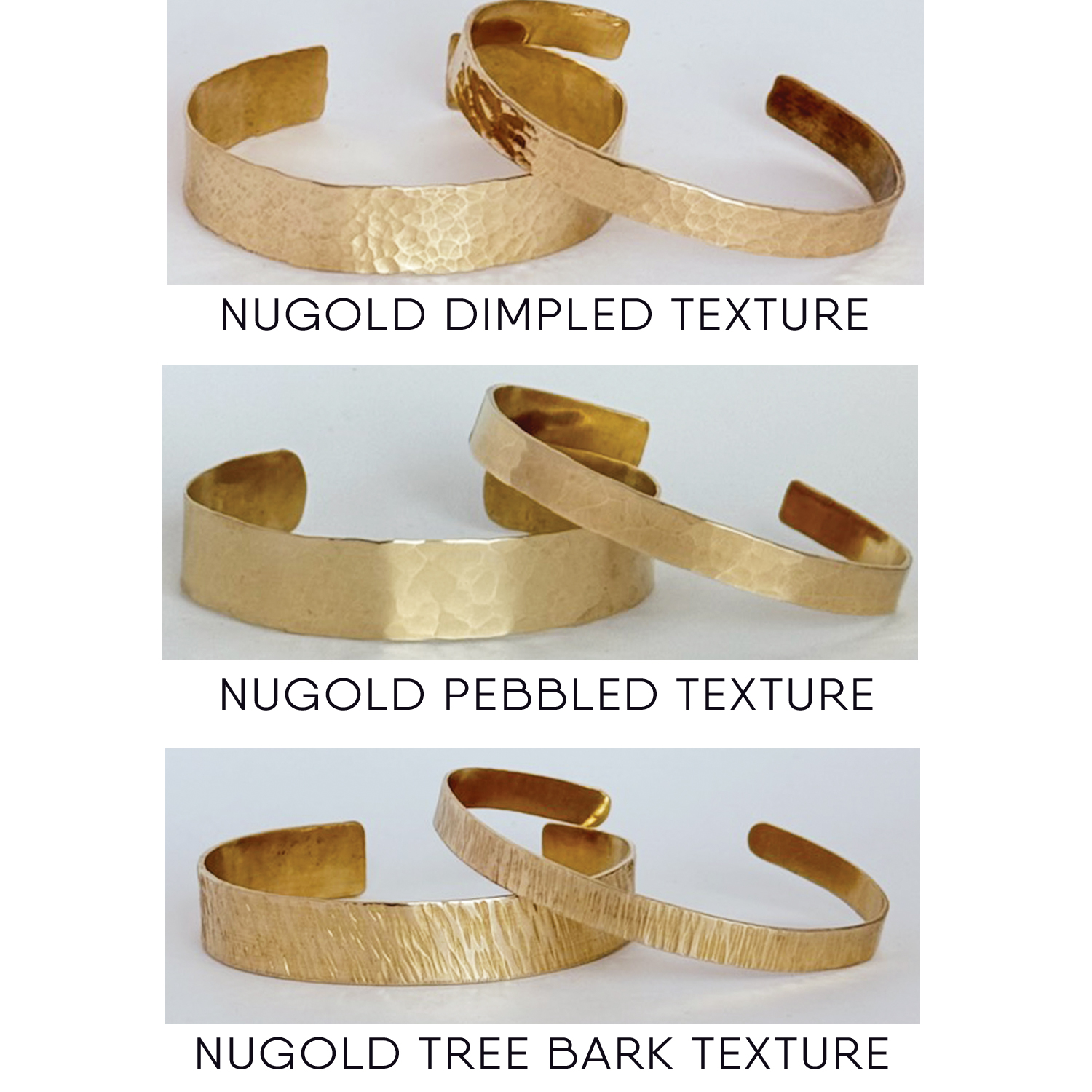 Three images of the Stunning Textured Cuff Bracelet in gold-tone metal show different surface textures: dimpled (top), pebbled (middle), and vertical striations like tree bark (bottom), each clearly labeled. Read more at Stamping Cat Studio (stampingcatstudio.com).