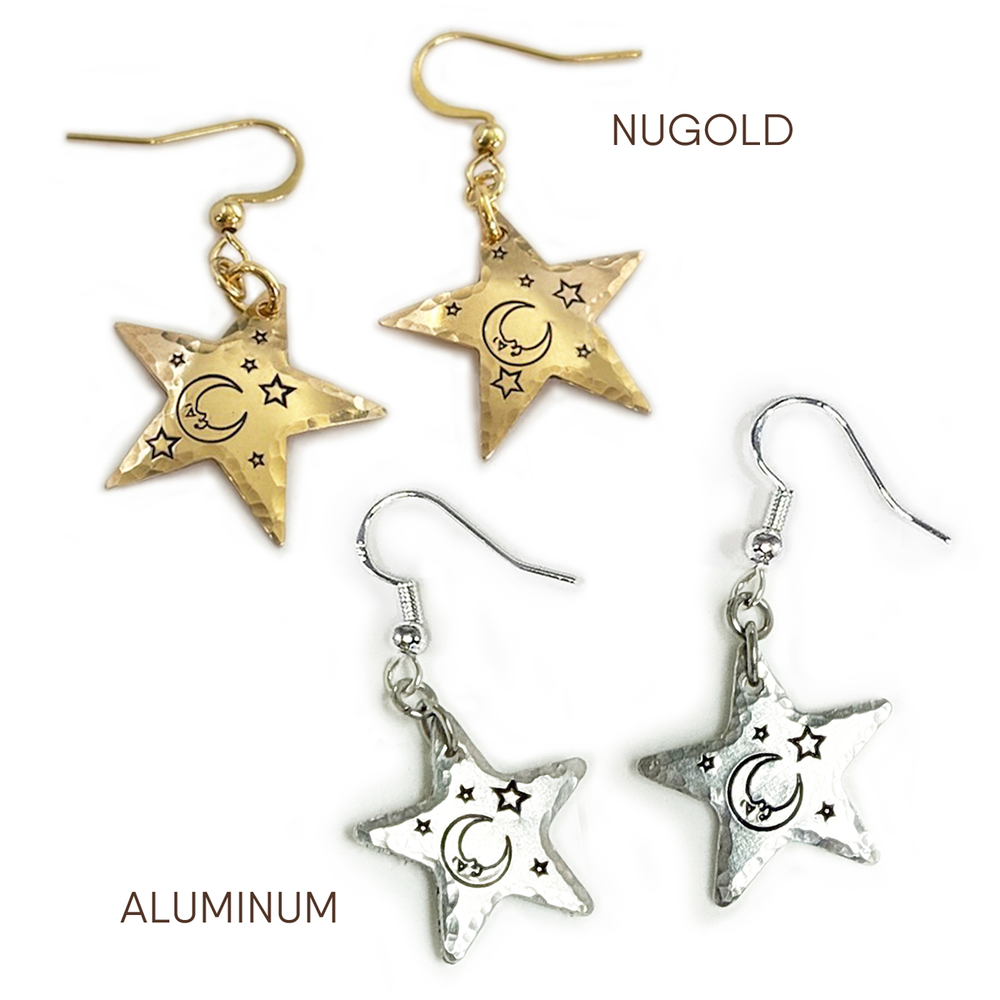 Two pairs of "Bright Stars alum and nugold words" star earrings with engraved moons and stars: one in shiny gold (NUGOLD), one in silver (ALUMINUM), both with matching hooks, shown on a white background. Read more at Stamping Cat Studio (stampingcatstudio.com).