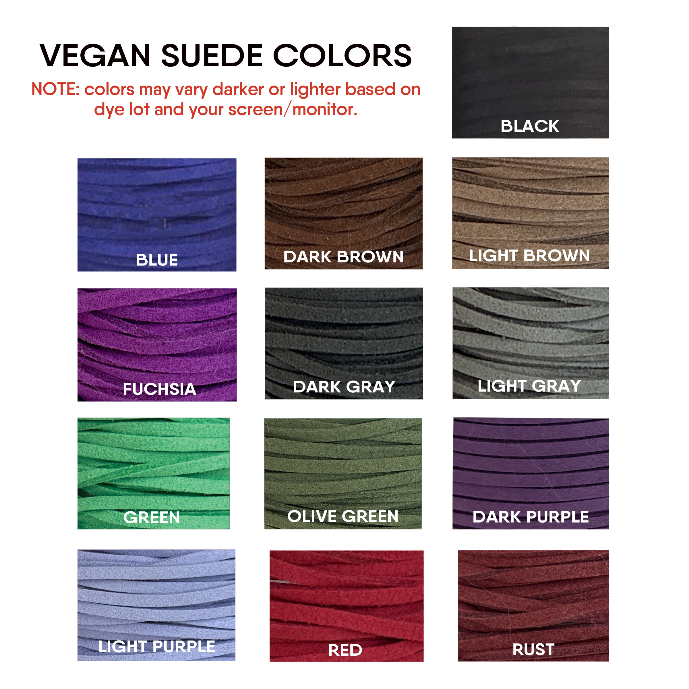 A chart titled "VEGAN SUEDE COLORS" displays 12 rectangular swatches for the Coordinates Necklace Or Bracelet in Black, Blue, Dark Brown, Light Brown, Fuchsia, Dark Gray, Light Gray, Green, Olive Green, Dark Purple, Light Purple, Red, and Rust; colors may vary. Read more at Stamping Cat Studio (stampingcatstudio.com).