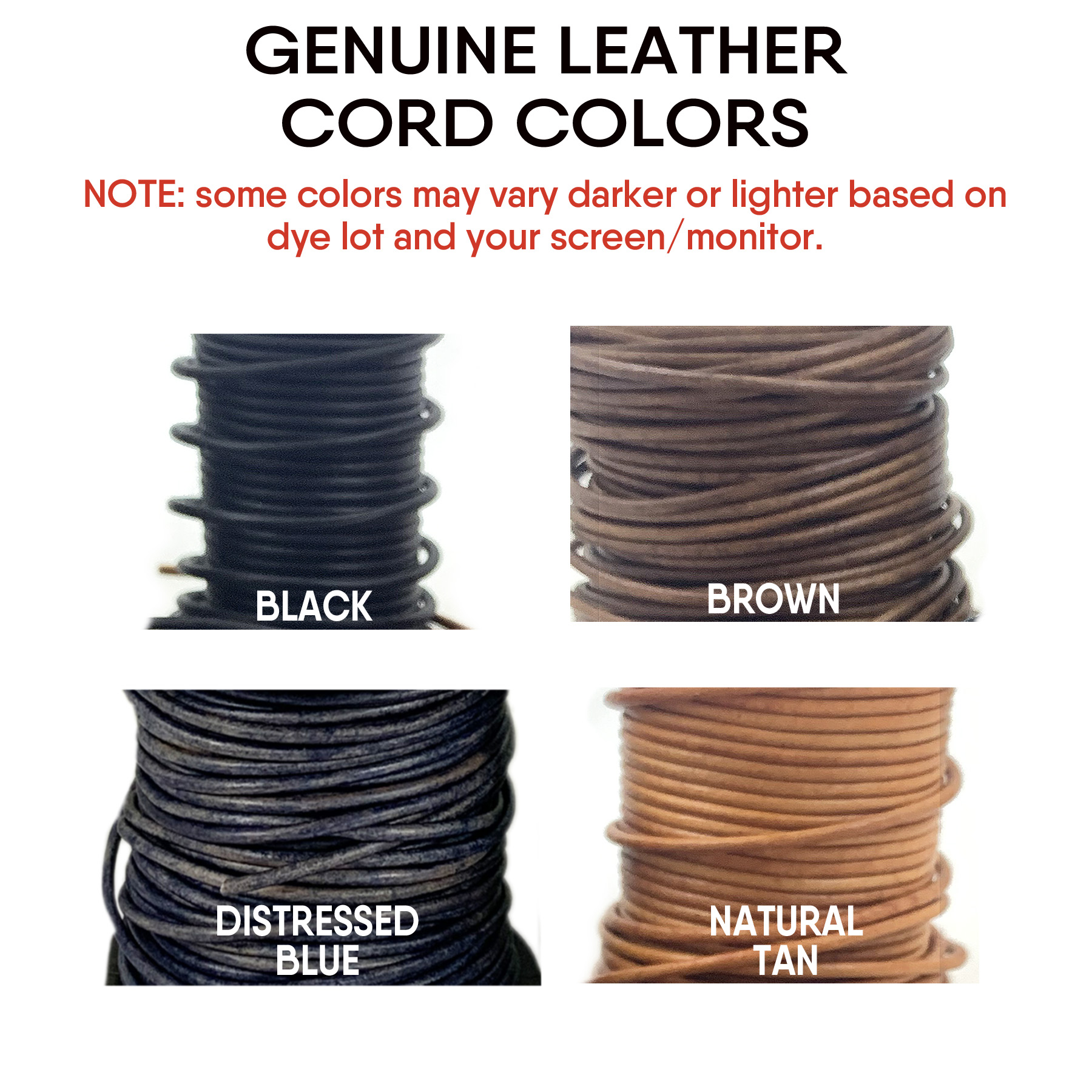 Four stacks of leather cords for the Coordinates Necklace Or Bracelet: black (top left), brown (top right), distressed blue with dark/light tones (bottom left), and natural tan (bottom right). Note: colors may vary by dye lot and monitor. Read more at Stamping Cat Studio (stampingcatstudio.com).