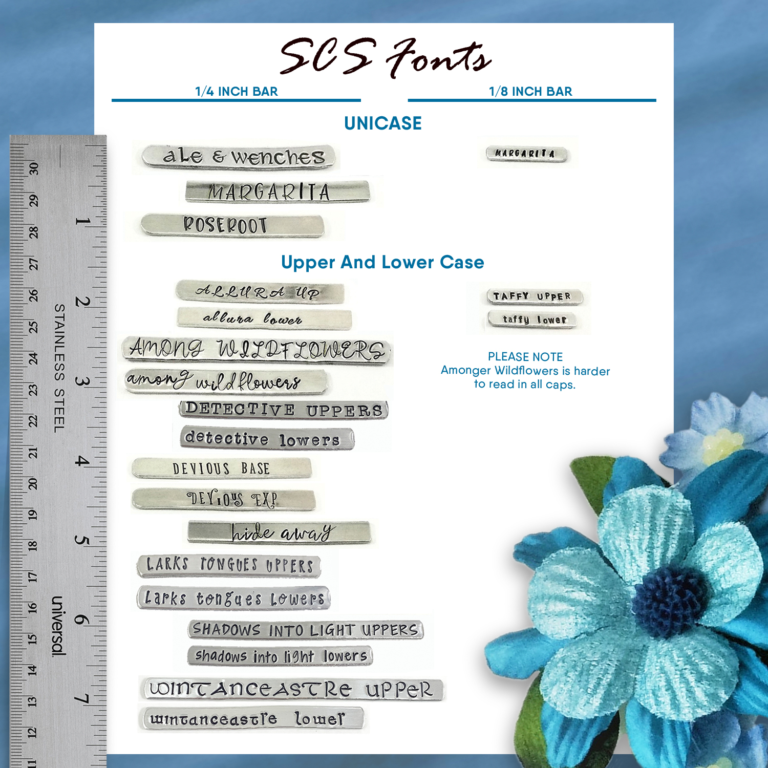 A chart displays 13 metal font samples for stamping the “Follow Your Heart It Knows The Way Key Ring,” labeled by size with a ruler. Blue text marks unicase and case styles. A blue flower decorates the corner, and a note flags small caps as hard to read for “Among Wildflowers.”. Read more at Stamping Cat Studio (stampingcatstudio.com).