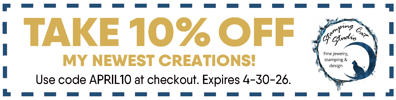 Banner with large gold text: “Get 10% off with Apr26 10% off coupon!” Smaller text: “Use code APRIL10 at checkout. Expires 4-30-26.” On the right is the Stamping Cat Studio logo—a black cat silhouette in a blue ring. Read more at Stamping Cat Studio (stampingcatstudio.com).