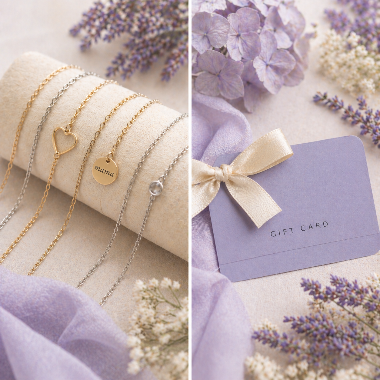 A soft, elegant scene featuring four gold and silver May 1 PJ experience bracelets on a cream display with lavender and hydrangea flowers. Beside them lies a lilac May 1 PJ gift card tied with cream ribbon, enhanced by purple fabric. Read more at Stamping Cat Studio (stampingcatstudio.com).