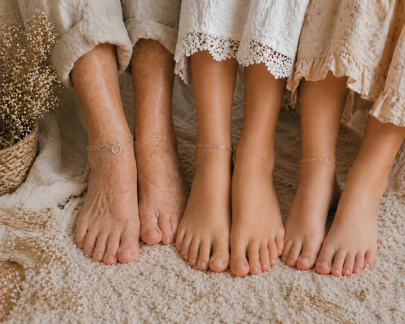 Three pairs of bare feet—older, middle-aged, and young—wearing May 8 PJ silver anklets stand side by side on a textured carpet. Neutral skirts and dried flowers in the background evoke a warm, familial scene. Read more at Stamping Cat Studio (stampingcatstudio.com).