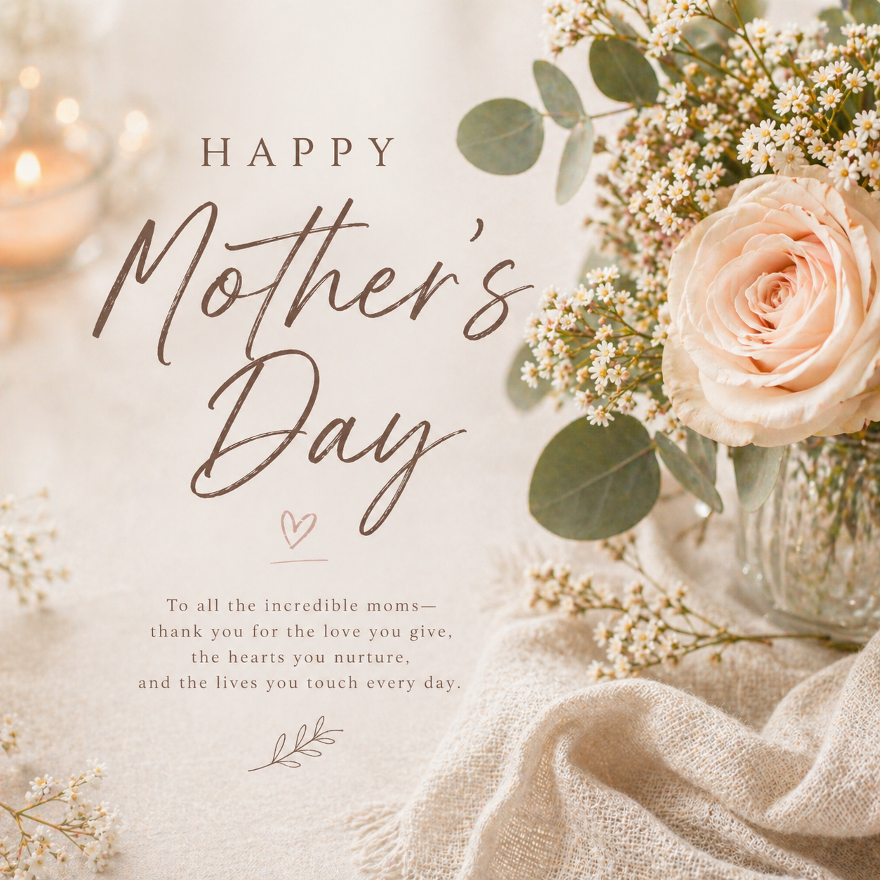 Celebrate Mother's Day with our elegant 'May 8 header' card, featuring a blush rose and baby's breath in a glass vase on beige cloth. "Happy Mother’s Day" text and a heartfelt message appear above soft candlelight in gentle, natural hues. Read more at Stamping Cat Studio (stampingcatstudio.com).