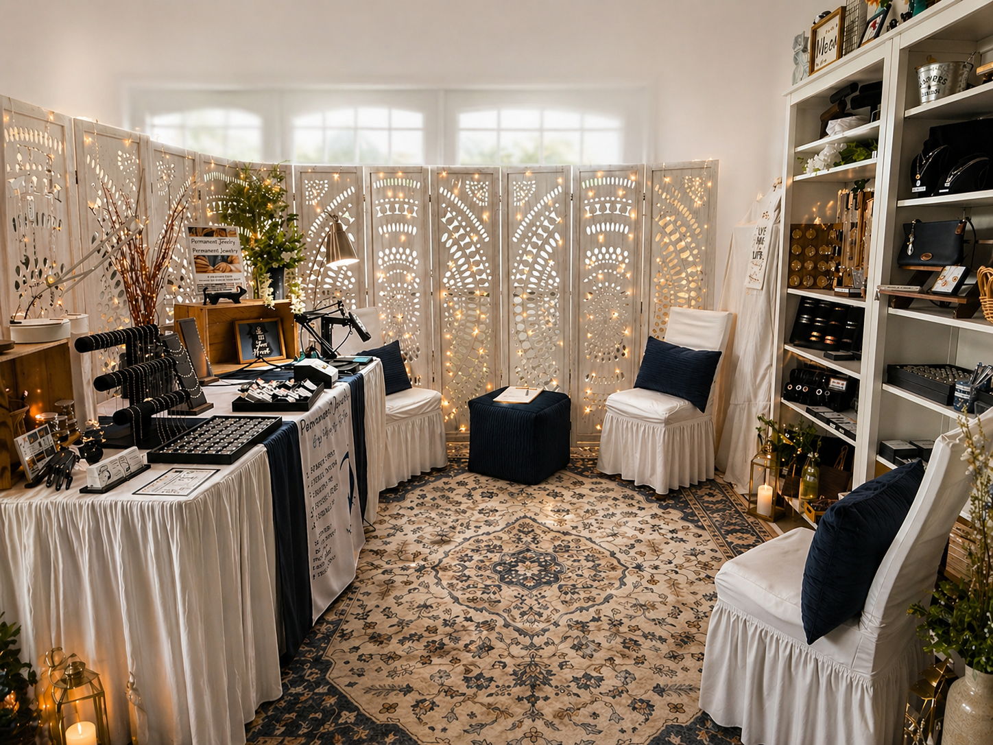 May 8 studio offers a cozy, elegant boutique where jewelry is displayed on white-draped tables with dark accents. The space features white chairs with navy pillows, a patterned rug, decorative shelves, lights, and an ornate white folding screen. Read more at Stamping Cat Studio (stampingcatstudio.com).