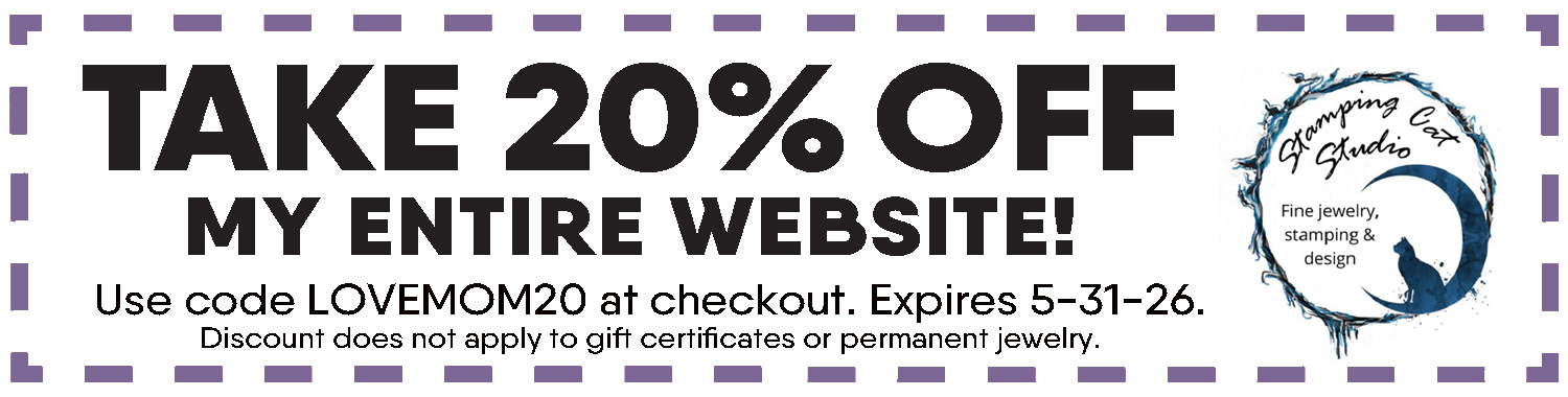 A banner displays: "Get 20% off sitewide with NL May 26 coupon! Use code LOVEMOM20 by 5-31-26. Excludes gift certificates and permanent jewelry." The Swimming Cat Studio logo is shown on the right. Read more at Stamping Cat Studio (stampingcatstudio.com).