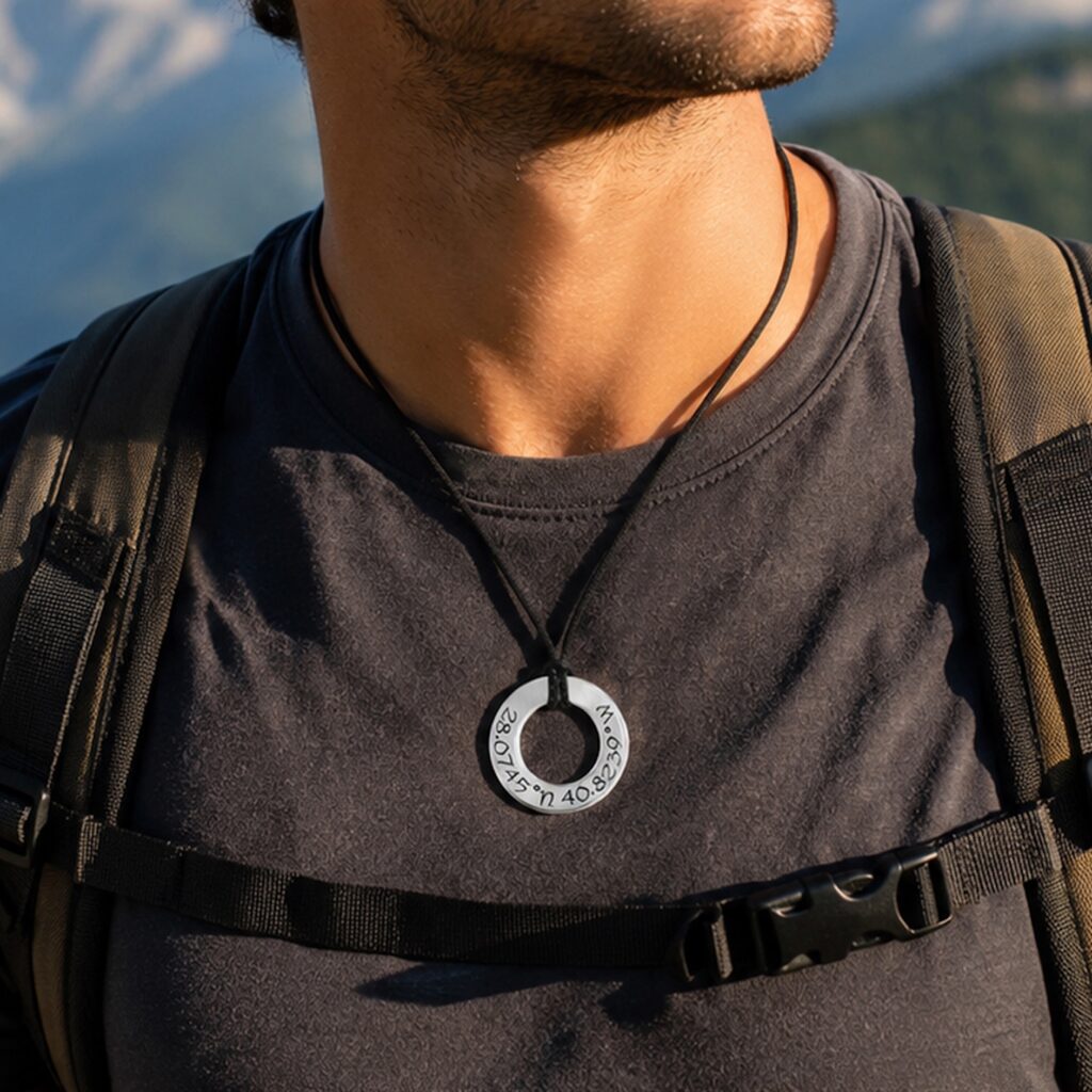 A man, partially visible, wears the "Coordinates Lifestyle Man" black T-shirt, a backpack, and a round metal pendant engraved with coordinates. The blurred background of green trees and mountains suggests an outdoor hiking setting. Read more at Stamping Cat Studio (stampingcatstudio.com).