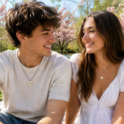 A young couple smiles at each other while sitting on grass, both wearing the Couples Necklace Set lifestyle. They’re dressed in light outfits, surrounded by pink flowering trees and lush greenery on a sunny spring day. Read more at Stamping Cat Studio (stampingcatstudio.com).