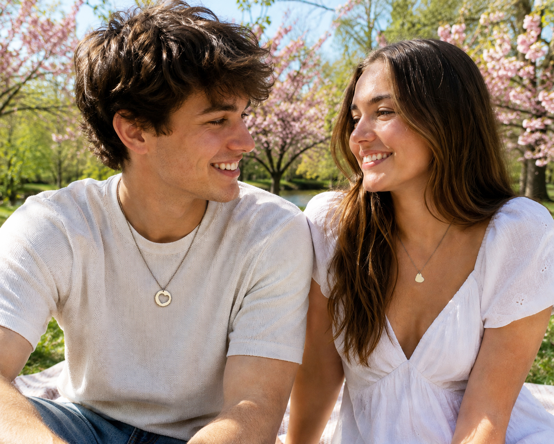 A young couple smiles at each other while sitting on grass, both wearing the Couples Necklace Set lifestyle. They’re dressed in light outfits, surrounded by pink flowering trees and lush greenery on a sunny spring day. Read more at Stamping Cat Studio (stampingcatstudio.com).