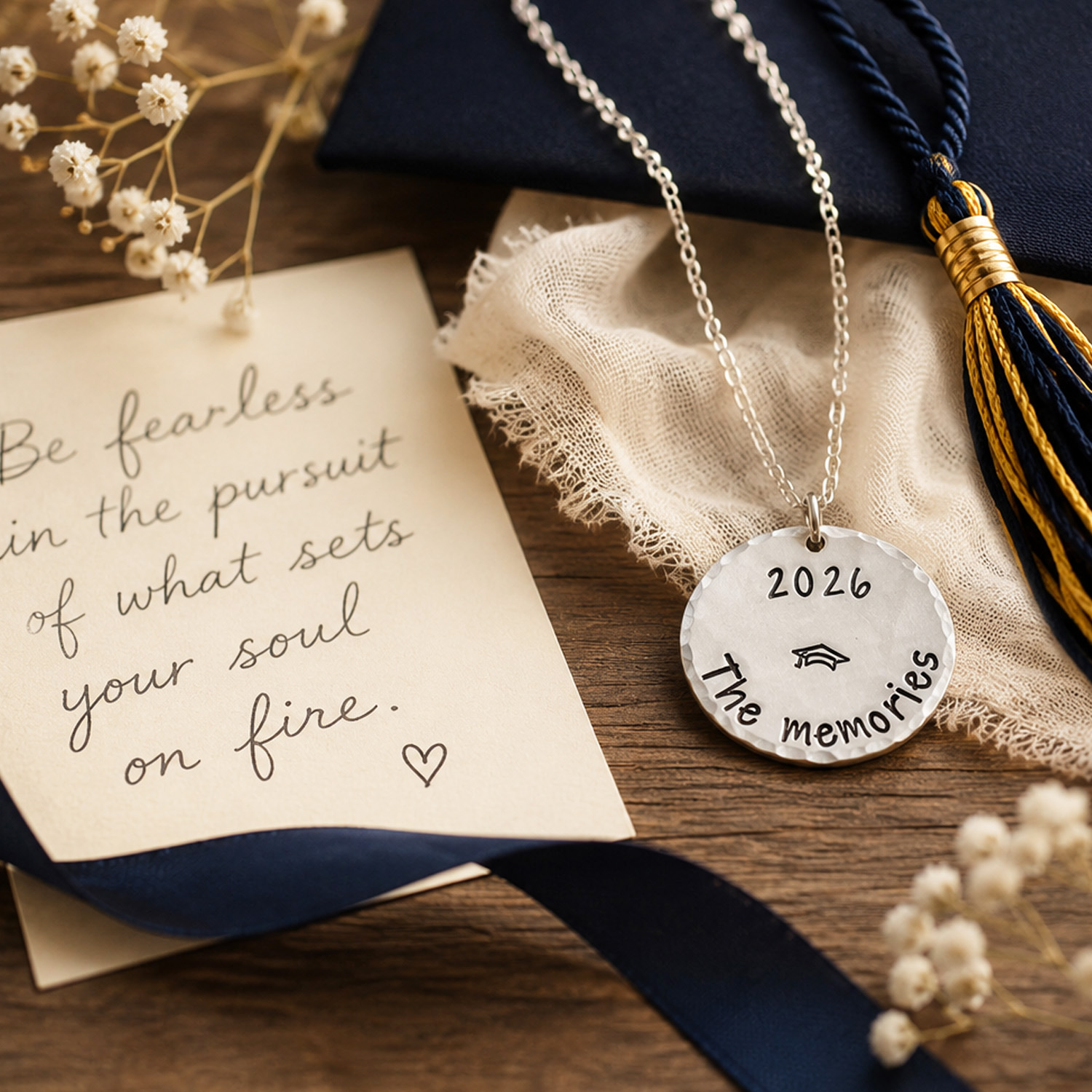 A handwritten note reads, "Be fearless in the pursuit of what sets your soul on fire." Beside it are a navy tassel, cap key ring, dried flowers, and the Pers Graduation lifestyle necklace engraved with "2026"—a perfect personalized gift. Read more at Stamping Cat Studio (stampingcatstudio.com).