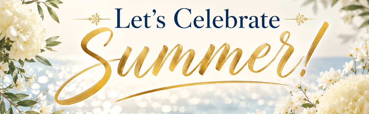 The July NL header features a bright, summery banner with “Let’s Celebrate Summer!” in blue and gold script. White flowers and green leaves frame the corners, with sunlight sparkling on water in the background. Read more at Stamping Cat Studio (stampingcatstudio.com).