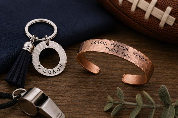 A “coach-gift-ideas-washer-keychain-copper-cuff-bracelet-stamping-cat-studio” set including a metal keychain with a “Coach” tag, a black tassel, a copper cuff bracelet engraved with “Coach. Mentor. Leader. Thank you.”, and additional elements such as a silver whistle, part of a football, navy fabric, and green leaves displayed on a wooden surface. Read more at Stamping Cat Studio (stampingcatstudio.com).