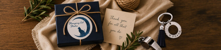 A coach washer keychain, styled with a whistle and accompanied by a navy gift box tied with twine, a note that reads Thank you for all that you do, green sprigs, and a spool of twine are arranged on a beige cloth atop a wooden surface, reflecting meaningful personalized gifts for graduates, and end of year gifts for teachers, coaches, and more. Read more at Stamping Cat Studio (stampingcatstudio.com).