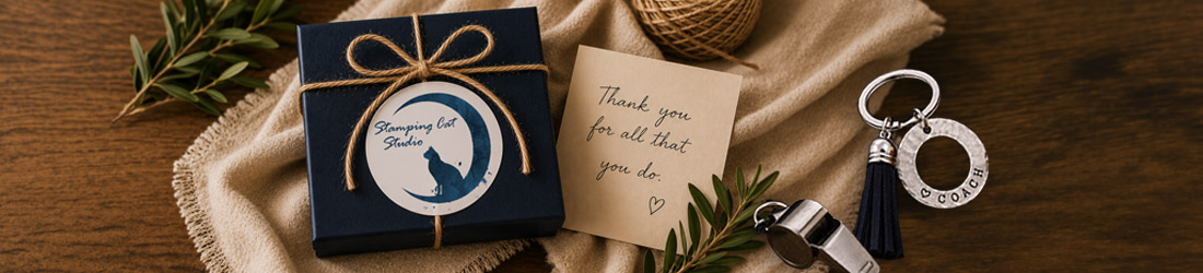 A coach washer keychain, styled with a whistle and accompanied by a navy gift box tied with twine, a note that reads Thank you for all that you do, green sprigs, and a spool of twine are arranged on a beige cloth atop a wooden surface, reflecting meaningful personalized gifts for graduates, and end of year gifts for teachers, coaches, and more. Read more at Stamping Cat Studio (stampingcatstudio.com).