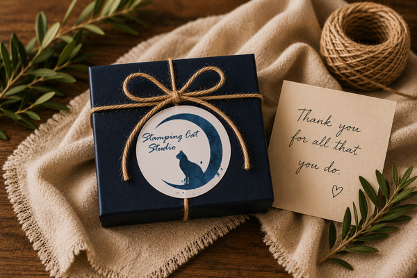 A gift-box-with-thank-you-note-stamping-cat-studio, tied with twine, rests on a beige cloth alongside olive sprigs, a thank you note, and a spool of twine. The navy box is adorned with a round label featuring a cat silhouette and the words “Stamping Cat Studio,” creating a warm and rustic scene. Read more at Stamping Cat Studio (stampingcatstudio.com).