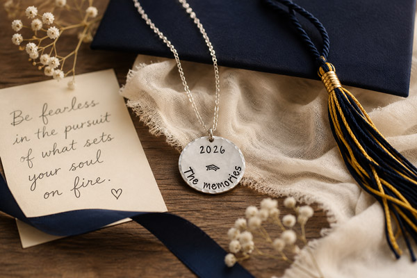 The graduate-handstamped-gift-year-necklace-charm-stamping-cat-studio features a circular pendant engraved with “2026 The Memories,” displayed alongside a blue graduation cap with a gold and blue tassel, sheer fabric, a navy ribbon, dried flowers, and a handwritten note that says: “Be fearless in the pursuit of what sets your soul on fire.”. Read more at Stamping Cat Studio (stampingcatstudio.com).