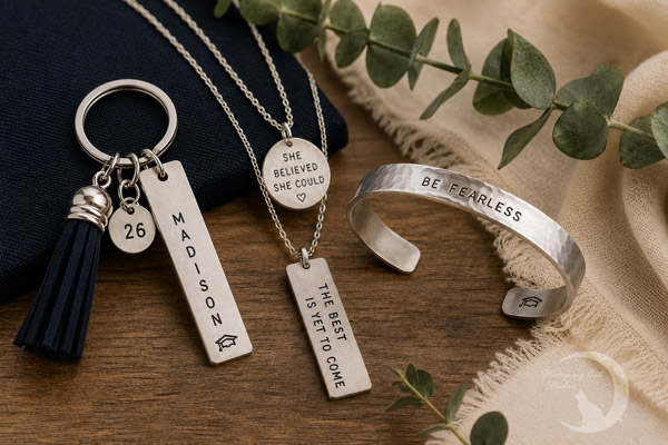 Graduate Handstamped Gifts displayed on a wooden surface: a personalized keychain with a black tassel and name tag, two silver inspirational necklaces, and a hammered cuff bracelet hand-stamped with “BE FEARLESS,” all from Stamping Cat Studio’s graduate-handstamped-gifts-necklace-keychain-with-tassel-cuff-bracelet collection. Greenery accents the arrangement. Read more at Stamping Cat Studio (stampingcatstudio.com).